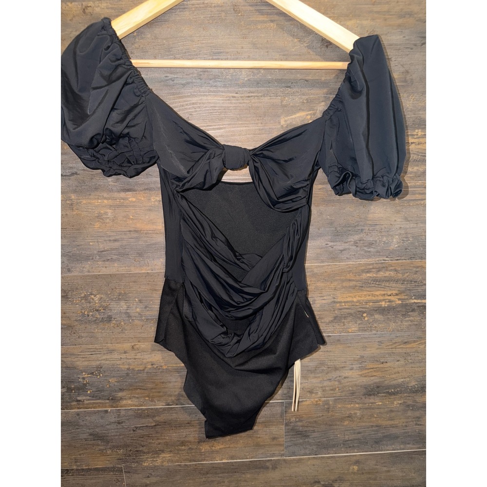 Agua Bendita Oria Dust Black Puff Sleeve Ruched Bodice Bodysuit  Small